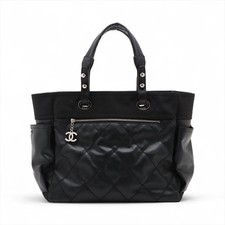 Borsa tote Chanel Paris Biarritz GM rivestimento tela nero argento raccordi metallo 11X