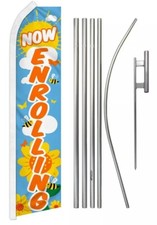 Now Enrolling Advertising Super Swooper Flag & Flag Pole Kit & Ground Spike