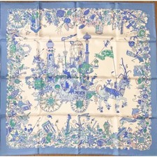 Foulard Hermes La Folle Parade 90 CM Seta Blu Carre Cavallo