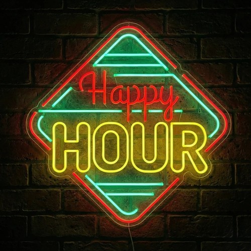 Insegna neon happy hour - "happy, hour"