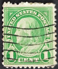1922-1929 Francobollo di Benjamin Franklin da un (1) cent. Verde) Raro