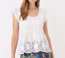 BRORA bellissimo top bianco cotone pintuck ricamato floreale - taglia 10 / indossato una volta