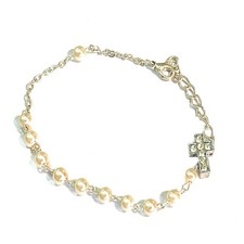 Bracciale rosario perle da donna braccialetto con croce di zirconi regolabile di