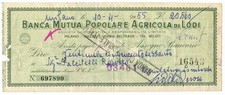 20560 LIRE ASSEGNO BANCARIO BANCA MUTUA POPOLARE AGRICOLA DI LODI 10/04/1955 MB