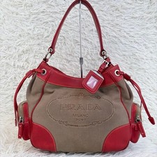 Borsa a tracolla PRADA logo archivio borsetta tote bag tela pelle rosso x beige