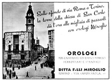PUBBLICITA' 1938 OROLOGIO MIROGLIO CAMPANILE CHIESA DI SAN CARLO TORINO 