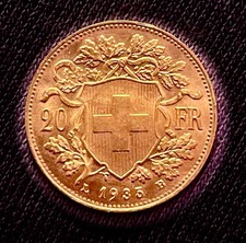 ? moneta ORO 1935 VRENELI 20 Franchi Svizzeri L 1935 B Ottima  GOLD Svizzera