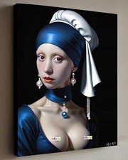 Dipinto Orecchino Ragazza con Perla con COA -Capezzoli Seno 40X30cm Sexy