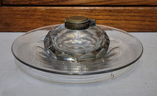 Antico Calamaio Vetro Sfaccettato Art Nouveau Con Piatto E Tappo Ottone 