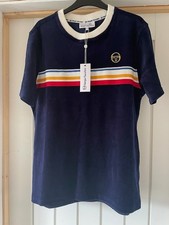 T-shirt Sergio Tacchini velluto blu medio bordo arcobaleno retrò nuova con etichetta