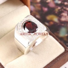 Naturale Granato Gemma Con 14K Placcato Oro Bianco Anello Argento per Uomo #3100