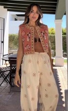 Pantalone lino largo ricamato