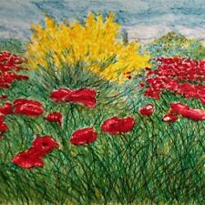 Litografia Franco Azzinari Campagna fiori paesaggio ginestra Papaveri asta