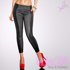 Leggings Jeans Jeggings elasticizzato inserto finta pelle ecopelle fuseaux 