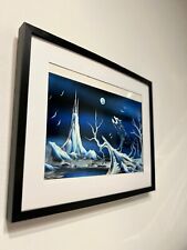 "Torre di Cristallo e Lupo Selvaggio: Dipinto Fantasy Notturno 52x43 cm Unico"