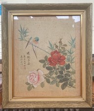 2 QUADRETTI DIPINTI A MANO SU SETA GIAPPONESI (PASSEROTTI SU FIORI) GIAPPONE