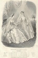 Stampa antica MODA FRANCESE DONNA SEDUTA E RAGAZZINA 1861 Old Antique print
