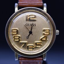 Orologio Vintage GUESS Numeri 3D Quadrante Uomo 1993 Tono Oro Pelle NUOVO BATTERIA E CINTURINO