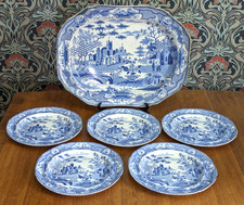 Set piatti castello gotico ceramica perle Spode georgiana antico inglese