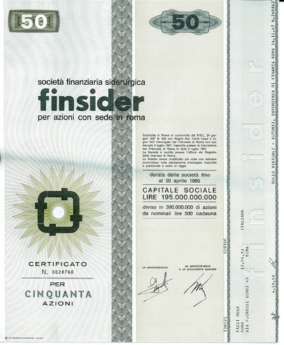 Finsider azioni certificato - finsider,