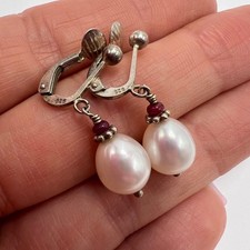 Orecchini vintage a clip in argento sterling 925 gocce di perle naturali e...