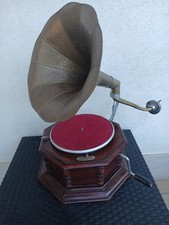 Antico Grammofono D'Epoca Ottagonale Anni 20 a Tromba Legno Vintage Funzionante