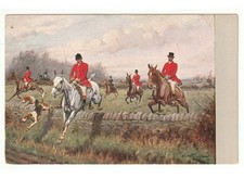 1907 antica cartolina Primi '900 donna uomini cavalli cani caccia alla volpe