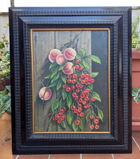 DIPINTO AD OLIO DI NATURA MORTA - PESCHE E CILIEGIE - CORNICE GUILLOCHÉ - '900