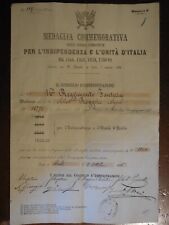 attestato diploma per medaglia campagne di Indipendenza 1860 1861 in 2 pagine