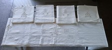 Lenzuolo antico in puro lino bianco con ricami e iniziali + 4 asciugamani