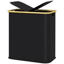 HOMCOM Cesta Porta Biancheria da 80L con Coperchio in Tessuto e Bambù Nero