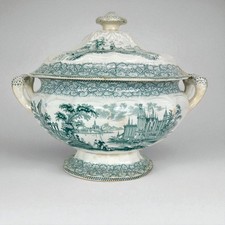 Zuppiera antica inglese in ceramica Legumiera epoca 800 Vittoriana bianca verde