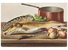 arte in cartolina natura morta pesci cipolla pentola rame coltello