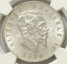 ITALIA 5 LIRE 1874 M ARGENTO