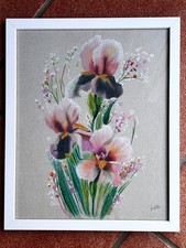 Quadro floreale dipinto a mano pastelli morbidi e acquerelli metallizzati iris