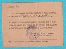 Biglietto INVITO  RASSEGNA MILITARE in onore  RAS  TAFARI reggente di ETIOPIA 