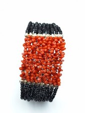 bracciale donna fascia a più fili vero corallo rosso naturale onice nero argento