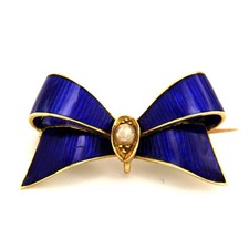 Antica spilla fiocco nastro vittoriano ORO 15 ct smalto guilloché blu e perle