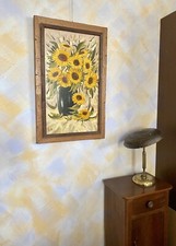 Dipinto a mano,quadro  Vaso con fiori gialli Natura Morta Cornice In Legno