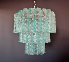Lampadario grande a tre livelli Venini in vetro turchese di Murano tubolare