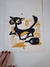 Bozzetto illustrativo originale gatto stillizzato Schiavinato 1968