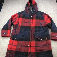 Giacca vintage Woolrich uomo XL rosso nero a quadri con cappuccio lana parka cappotto USA 80s