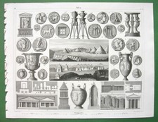 TOMBE ETRUSCHE ad Assos falerii Tarquinia Urne Vasi Monete - 1844 SUPERBA Stampa