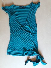 T-shirt incrociata da donna a righe in cotone verde bottiglia e fiocco Zara Tg.S