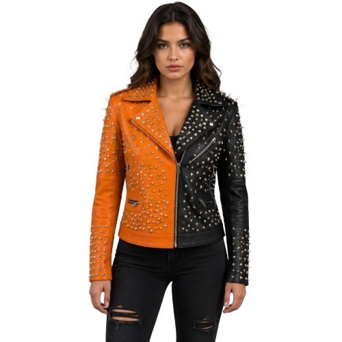 Women studded biker - biker, orange