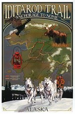 Iditarod Trail Sled Dog Race Alaska Anchorage Nome AK Mappa Husky, Cartolina Moderna