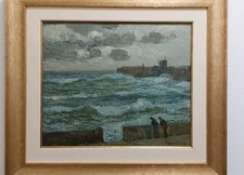 Giuseppe Sacheri (Genova 1863-Pianfei CN 1950). Marina Genova Dipinto Olio