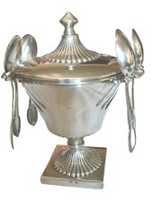 ELEGANTE ZUCCHERIERA STILE IMPERO VINTAGE ARGENTO 800 E SUPPORTO X 6 CUCCHIAINI 