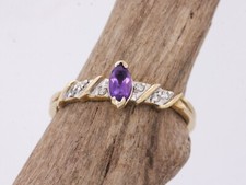 9ct Oro Giallo Naturale Ametista & Diamante Mostra Anello - Misura O - UK Fatto