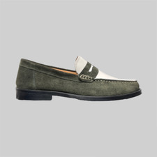 Mocassini Uomo Camoscio Verde Pelle Bianco Fondo Cuoio Made in Italy Loafers
